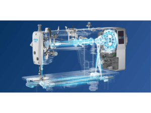 Side view of Jack A2C sewing machine with FST system for high-speed stitching over thick seams